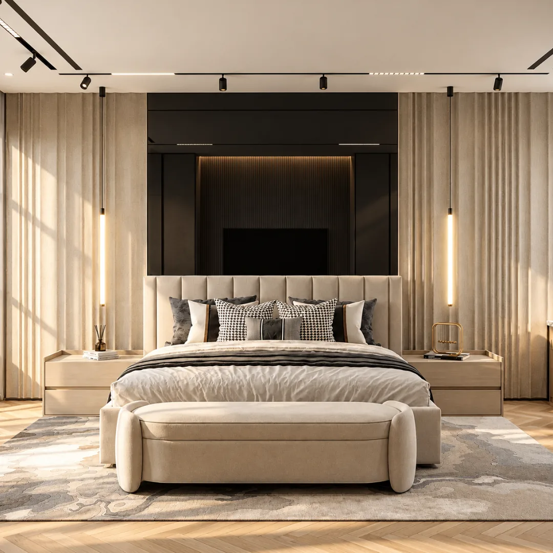 Master bedroom with tufted headboard, fabric walls and pendant lights