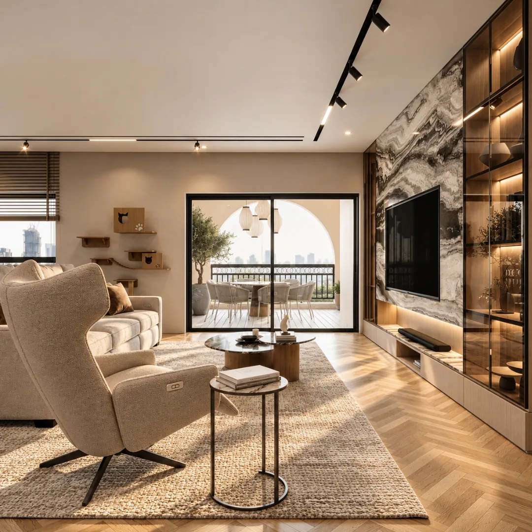 Marble media wall with glazed display cabinets opening onto an arched terrace