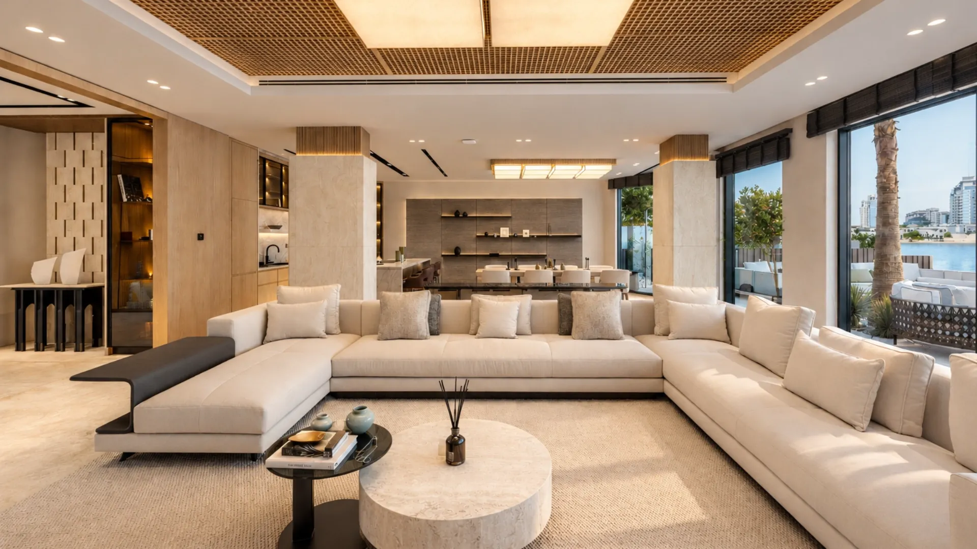 Bespoke living room with timber lattice ceiling, travertine columns and waterfront views in a K4 villa