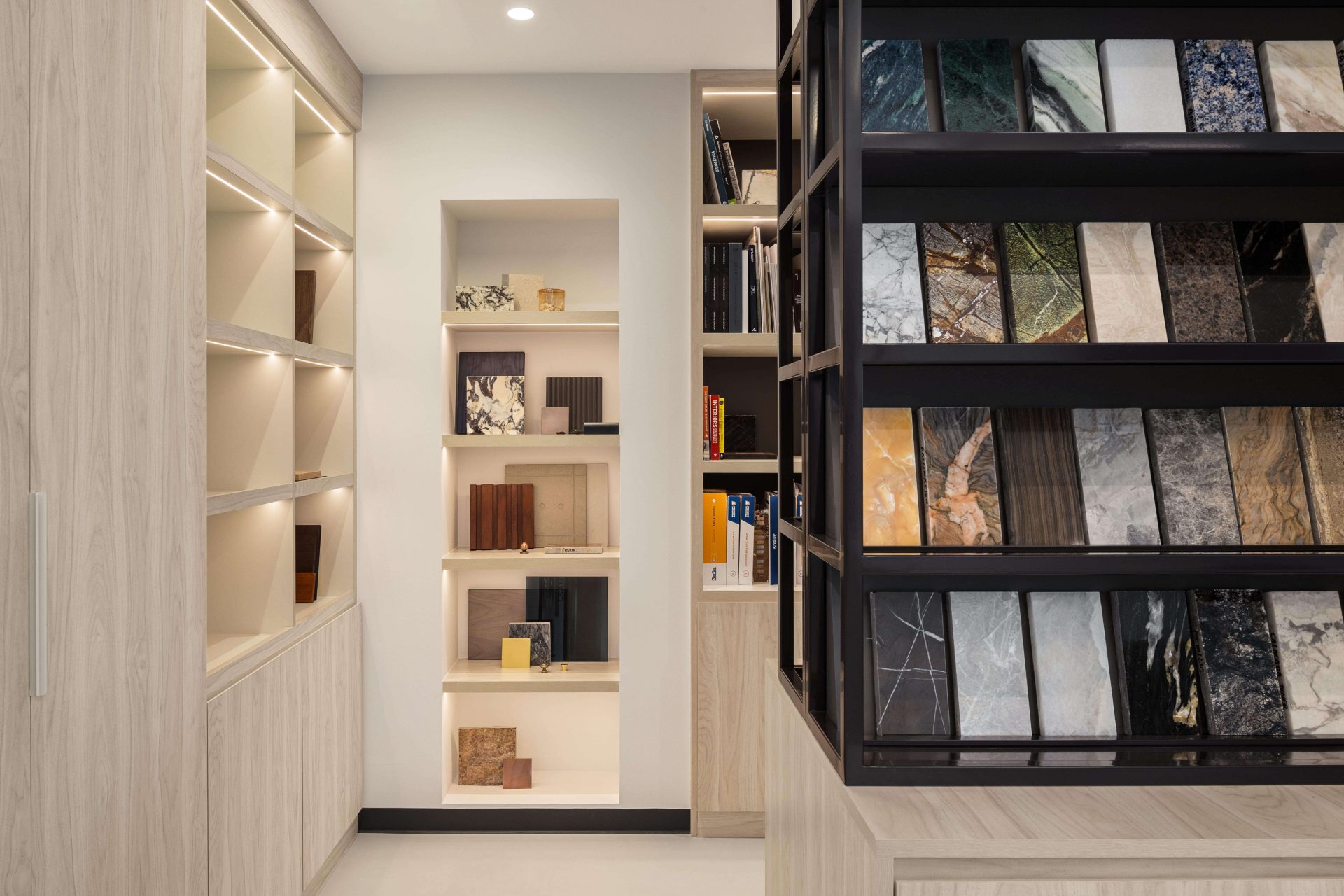 Materials library of marble, stone and timber samples