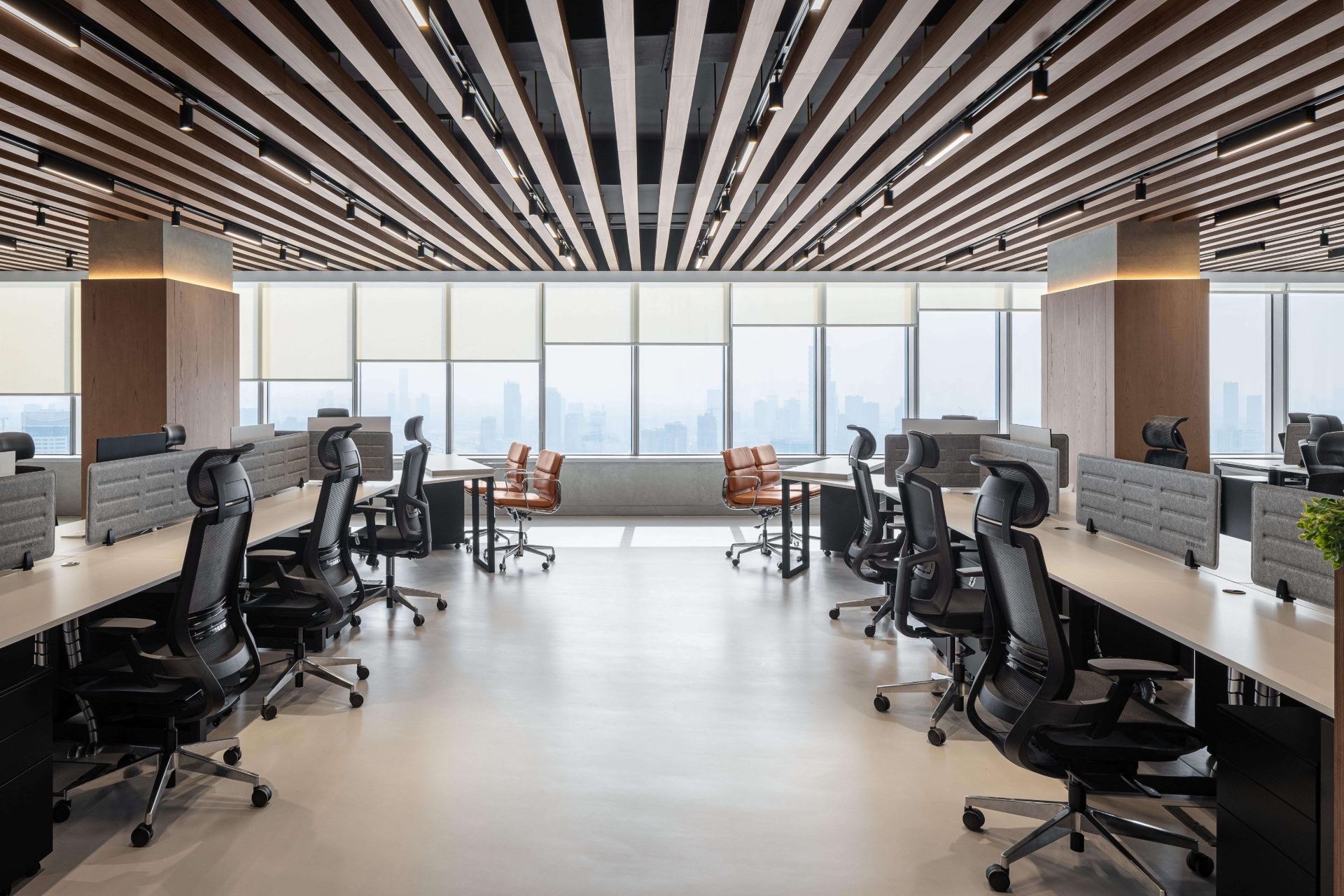 Open-plan studio with timber-batten ceiling and city view