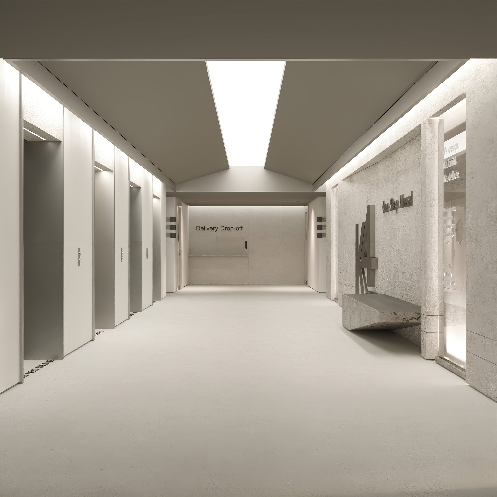 Lift lobby with travertine walls, stone bench and K4 monogram