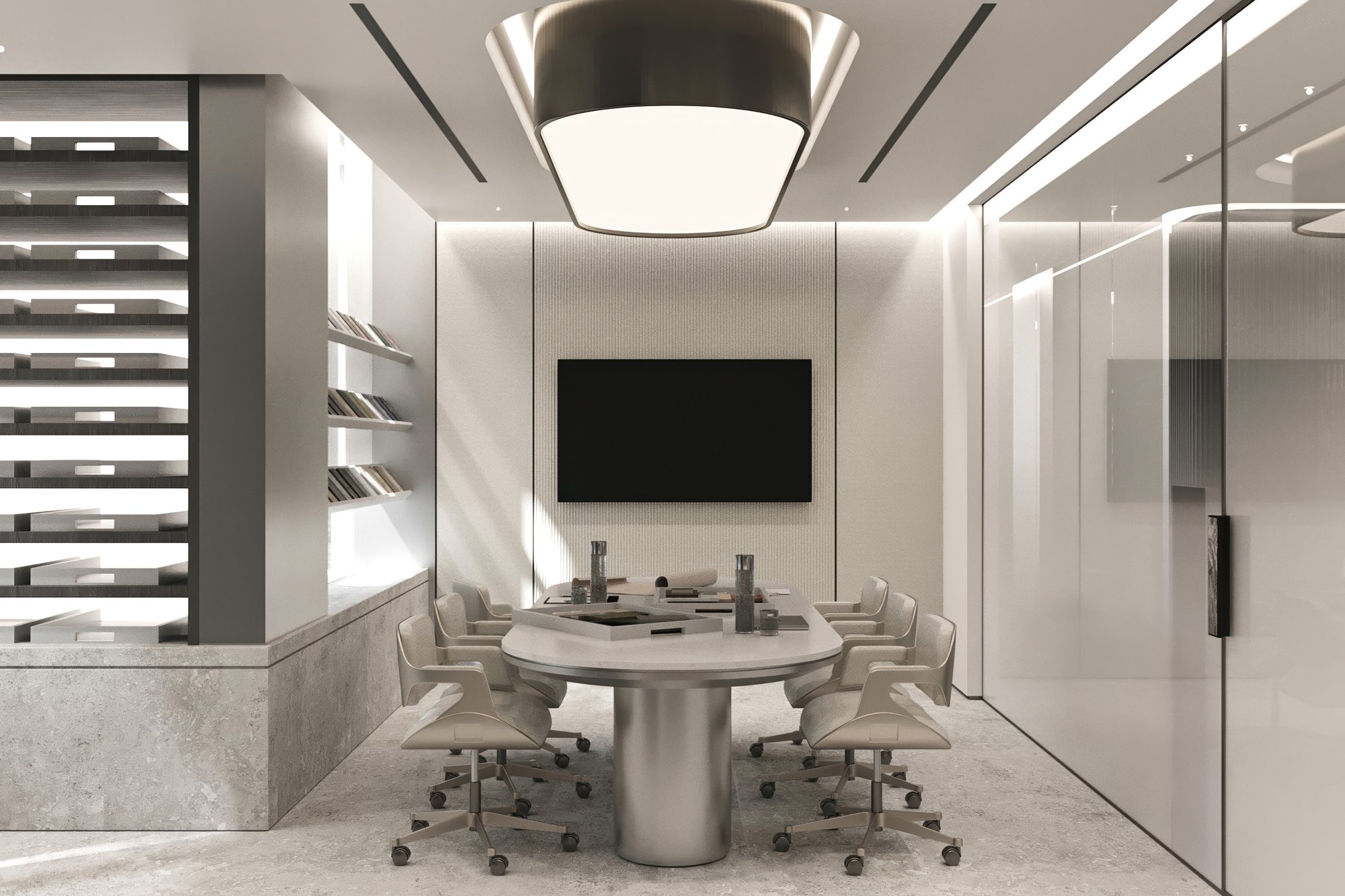 Boardroom with oval table, drum pendant and sample shelving
