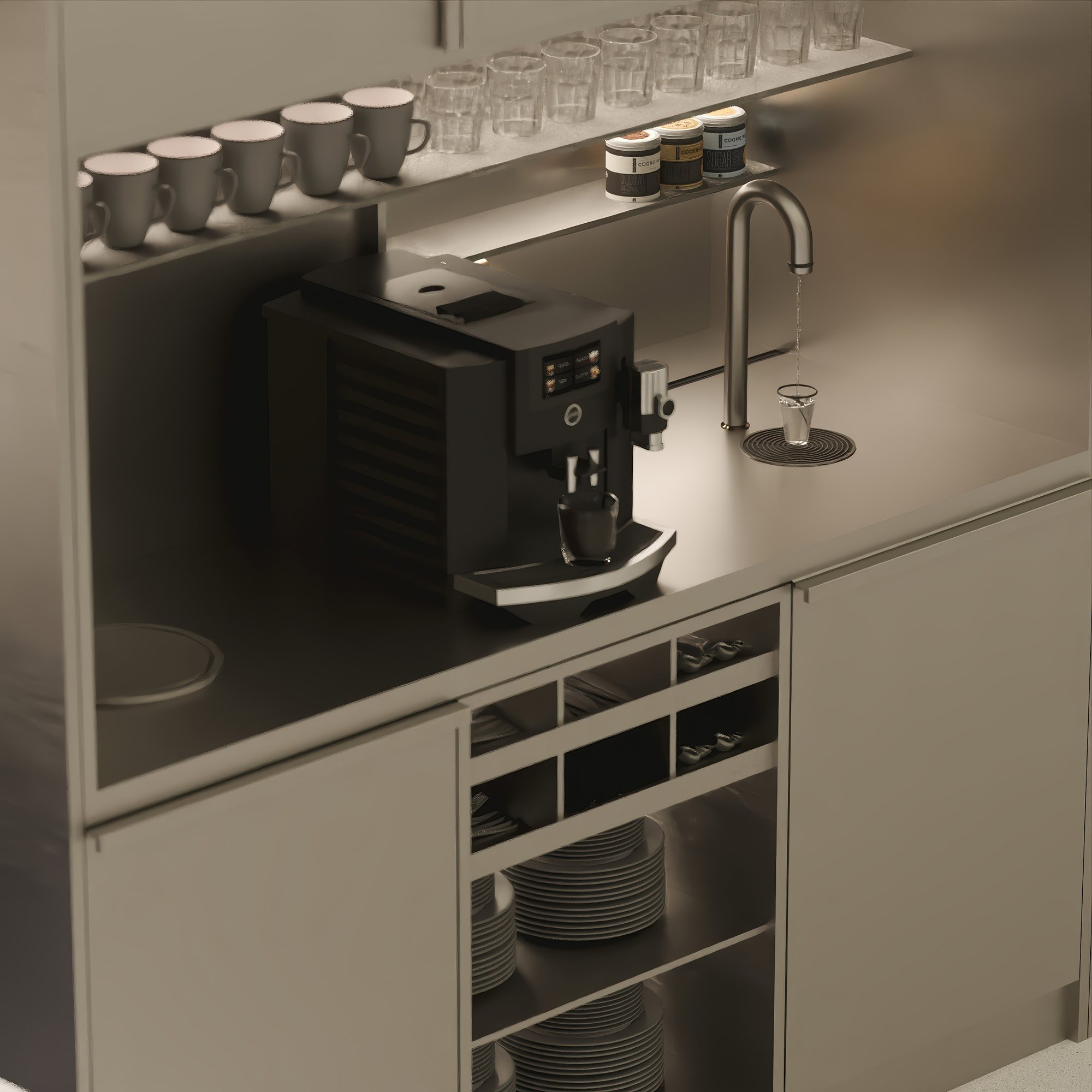 Built-in coffee bar with espresso machine and boiling-water tap