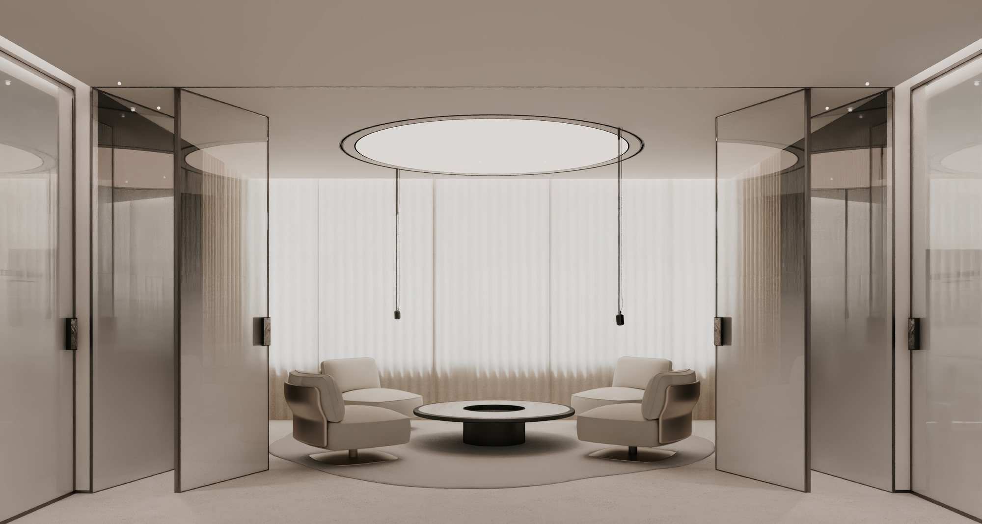 Round lounge pod with swivel chairs under a circular light cove