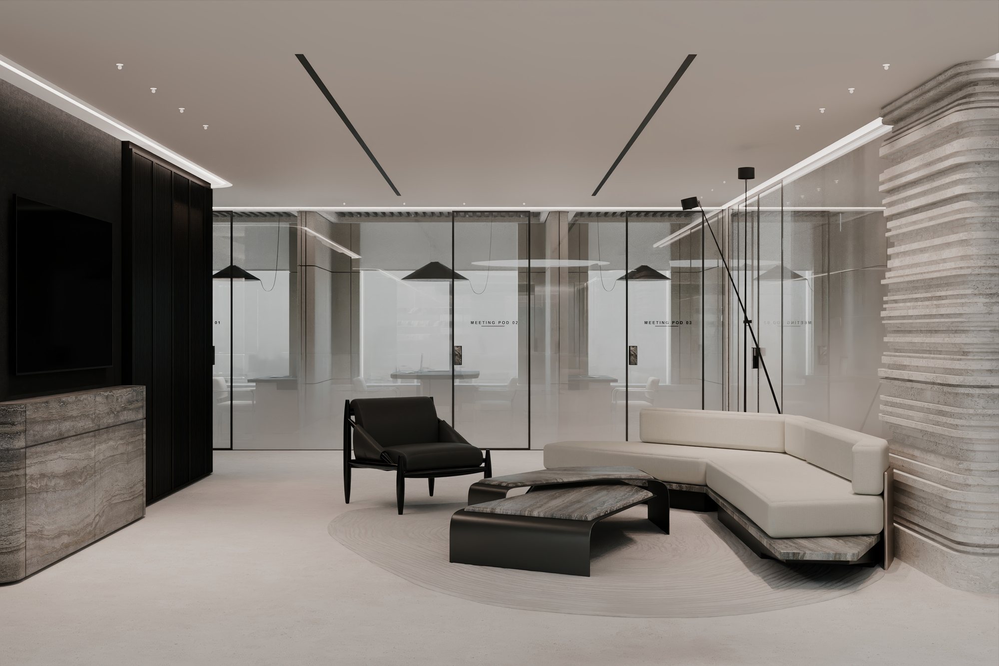 Atelier Lumen client lounge facing the glass meeting pods