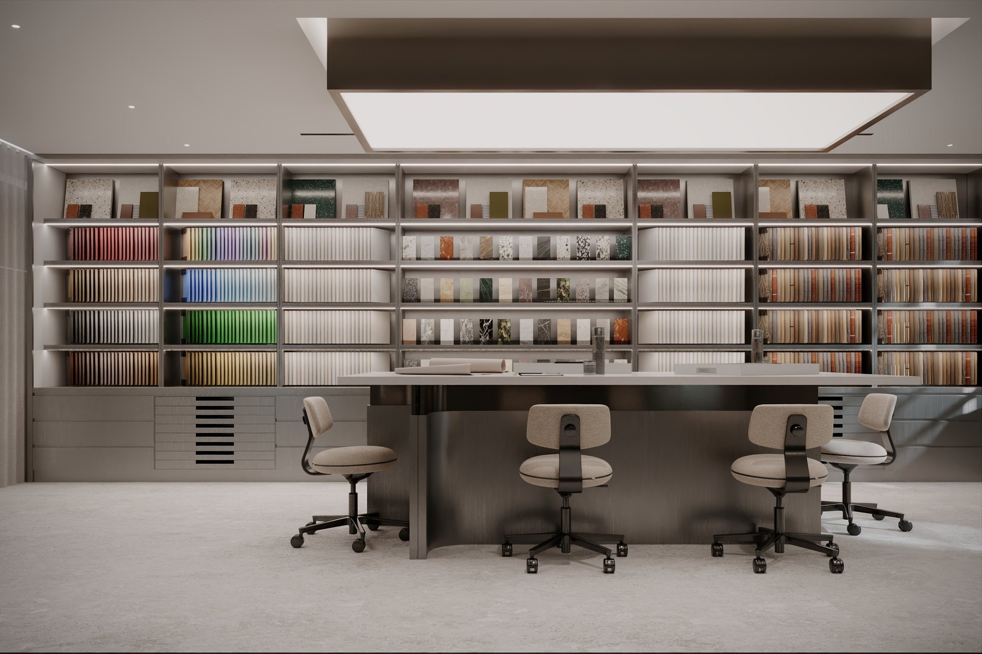 Material library with lit sample shelving and a central worktable
