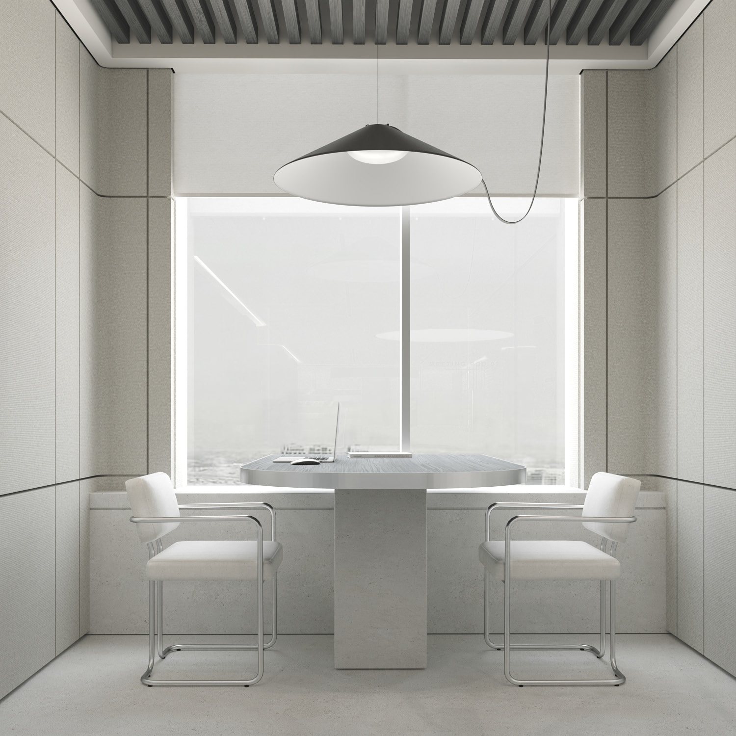 Two-person meeting pod with felt-panelled walls and a black pendant