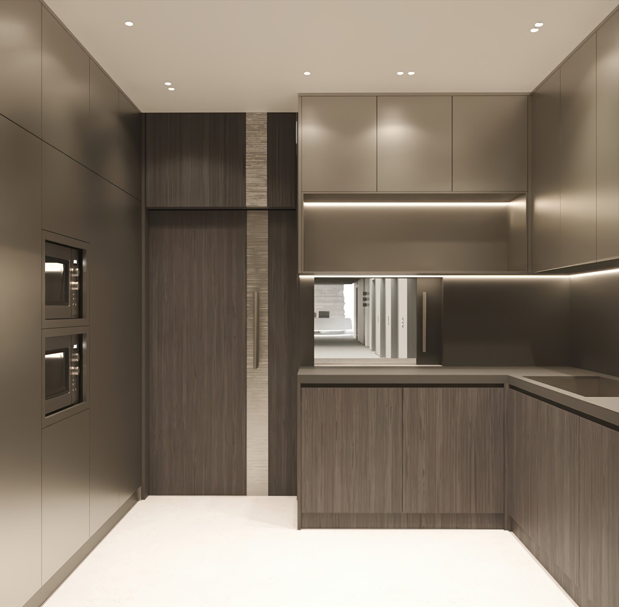 Pantry kitchen in walnut and bronze-toned joinery