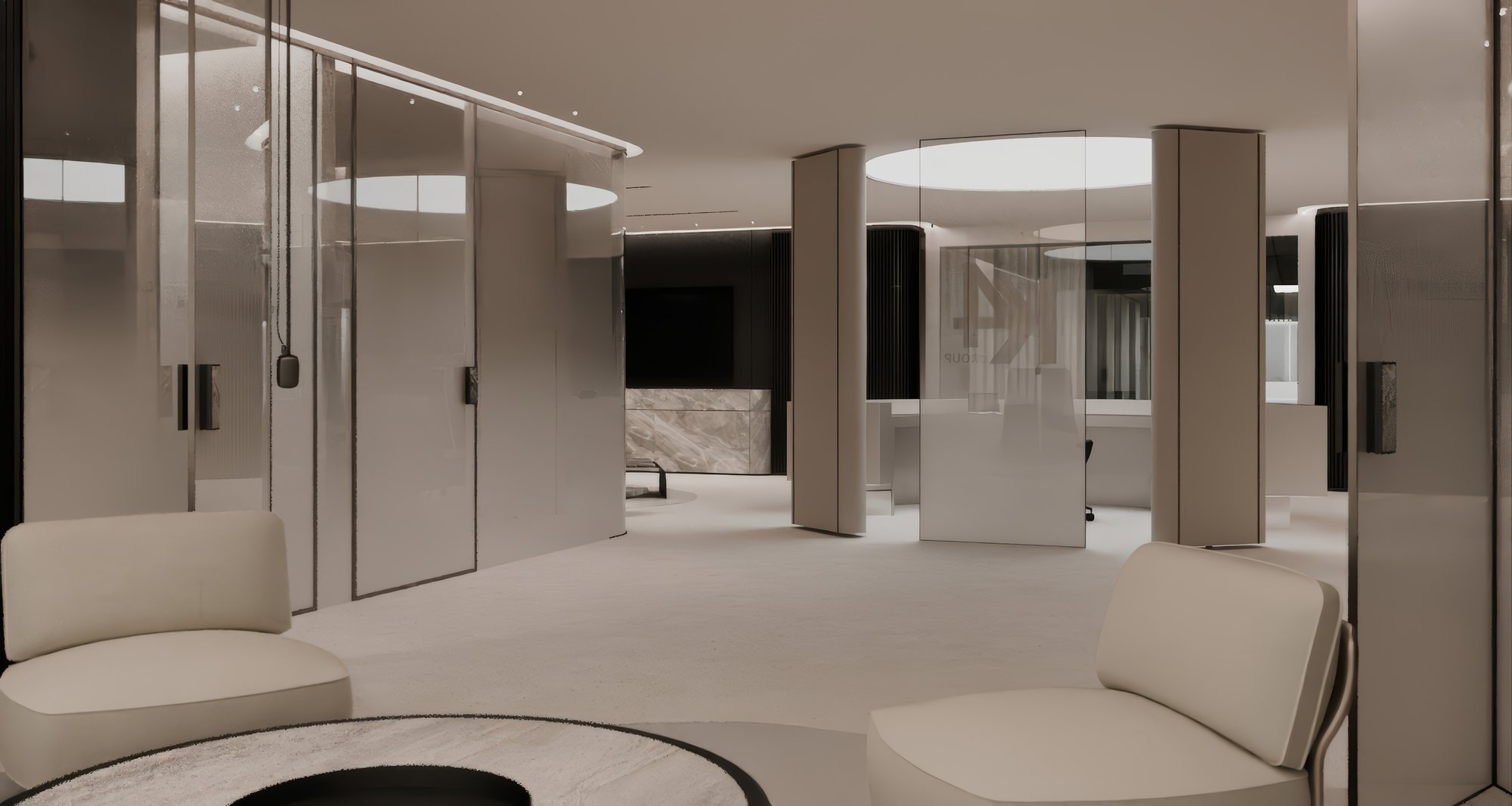 Reception with oak columns, frosted glass screen and circular light coves