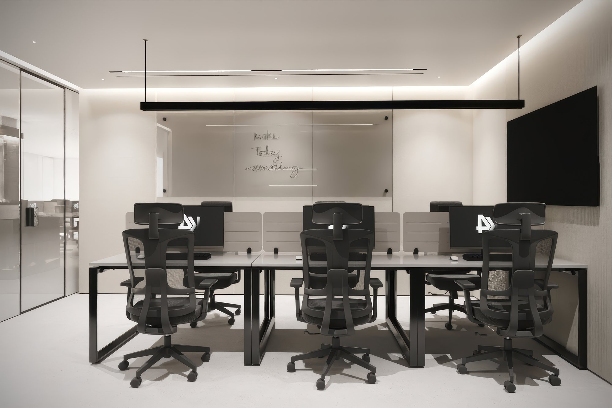 Team studio with bench desks, linear pendant and glass writing wall