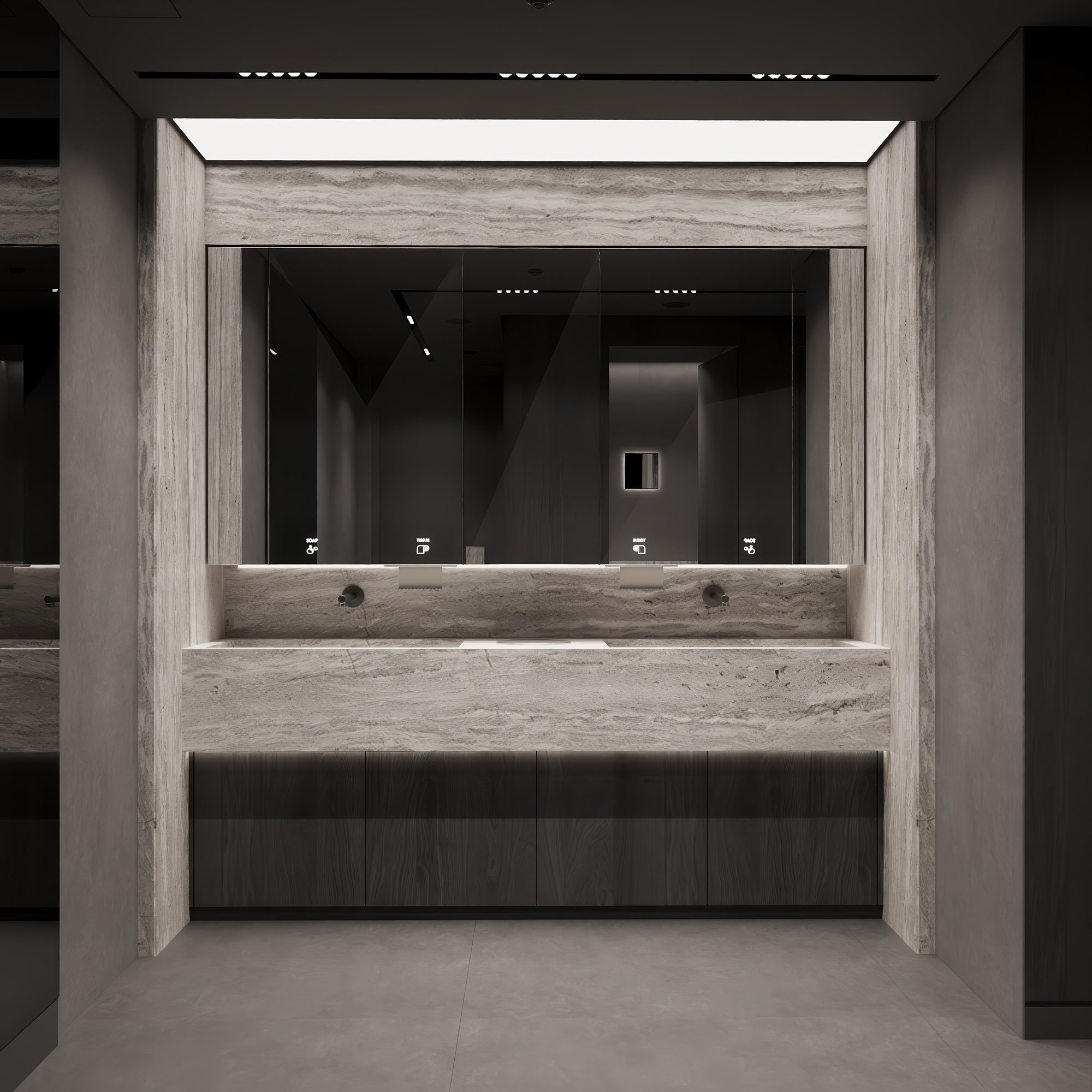 Travertine trough basin with backlit mirror and timber vanity