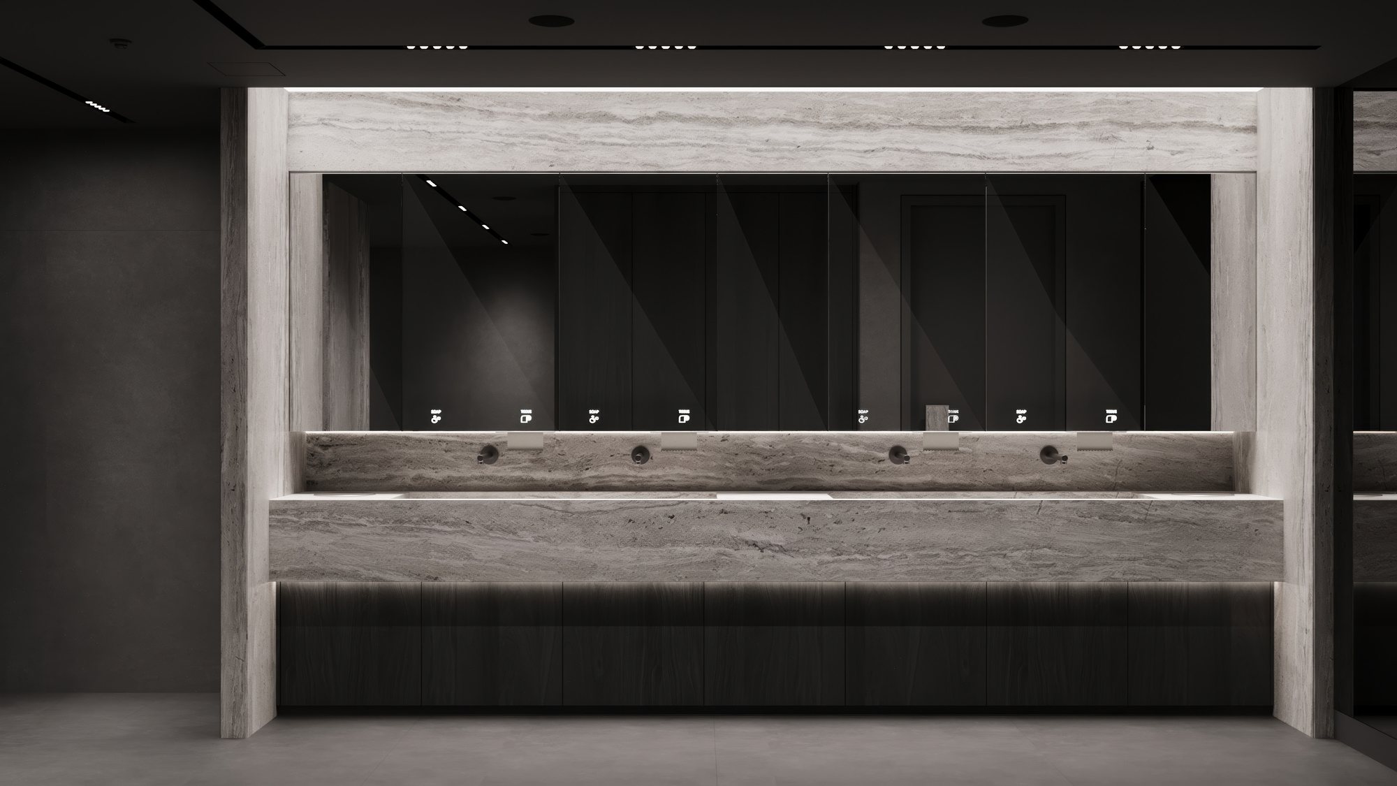 Long travertine washroom counter with smart mirrors and timber cabinetry