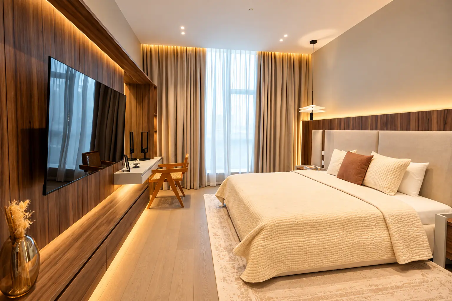 Bedroom with a lit walnut media wall, floating desk, upholstered headboard and full-height curtains