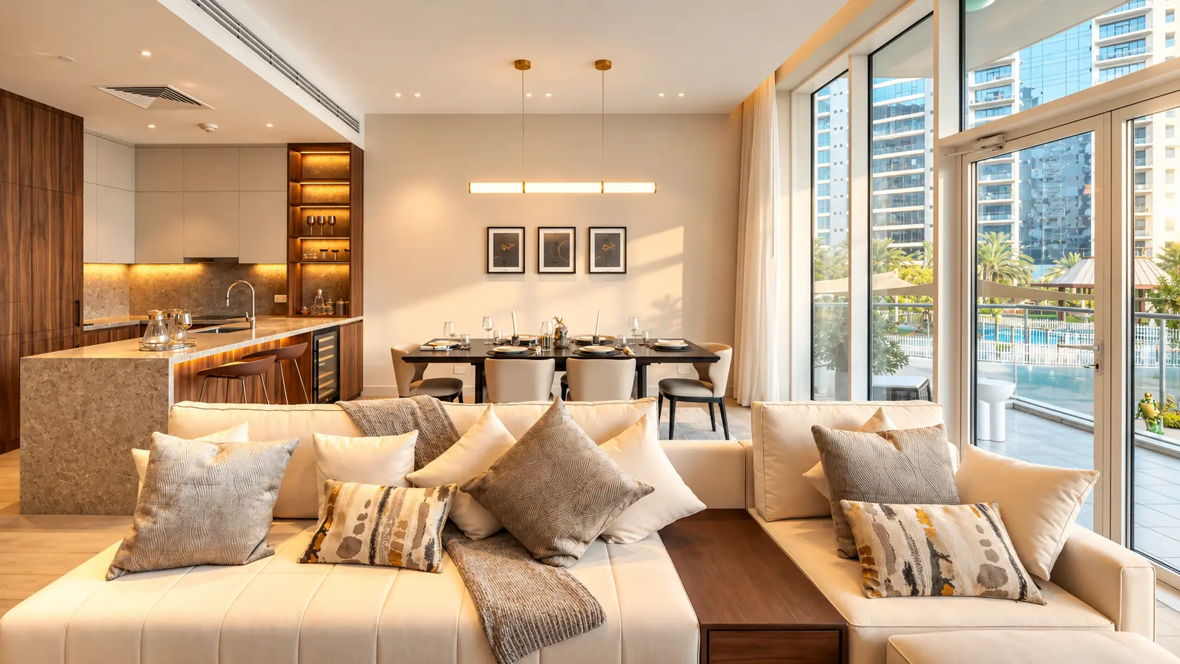 Cream sectional sofa with textured cushions, a dining table under a linear pendant and glazing onto the terrace and pool