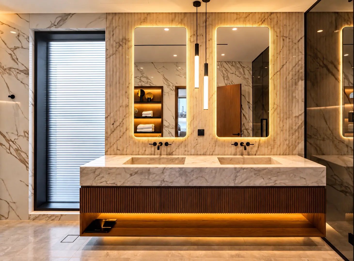 Master bathroom with fluted marble wall, floating double marble vanity on a fluted walnut base and backlit mirrors