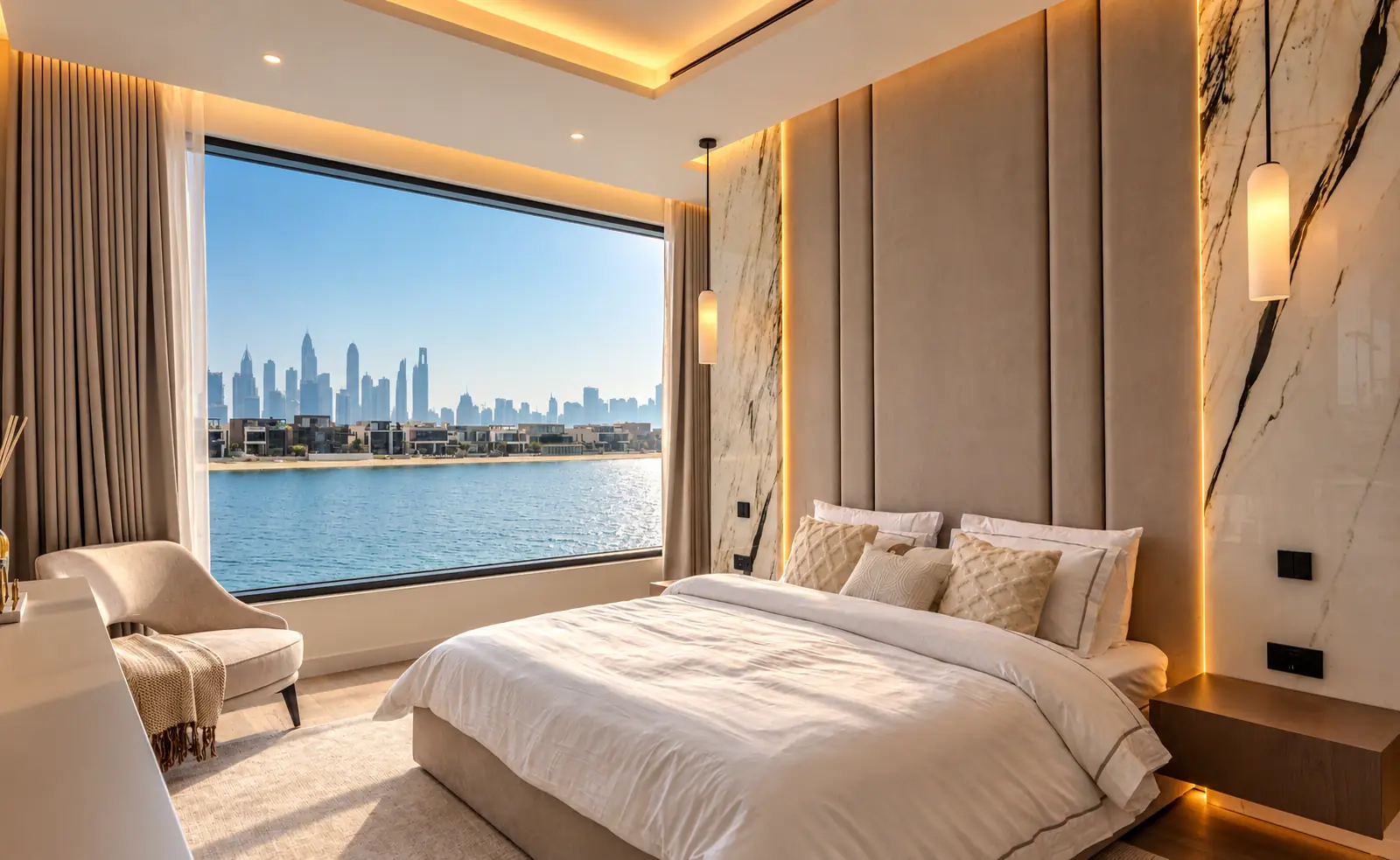 Guest bedroom with a tall upholstered headboard between marble panels, pendant lights and a picture window onto the skyline