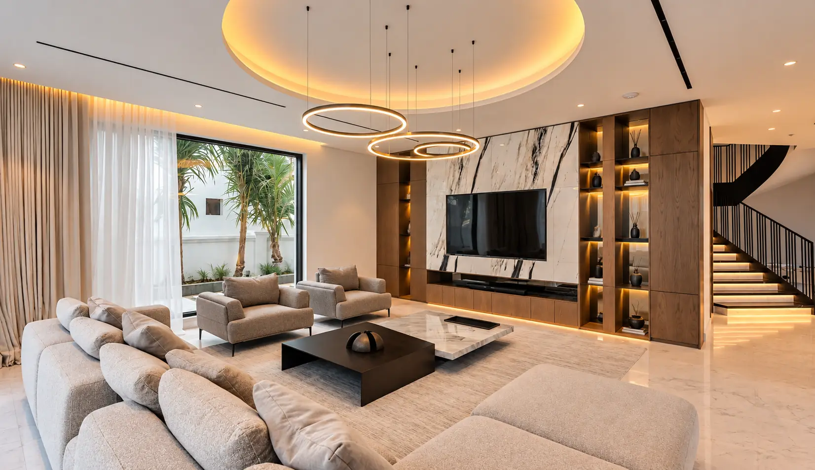 Living room under a circular lit ceiling with ring pendants, a marble and walnut media wall and a lit staircase, Villa Orbis on Palm Jumeirah by K4