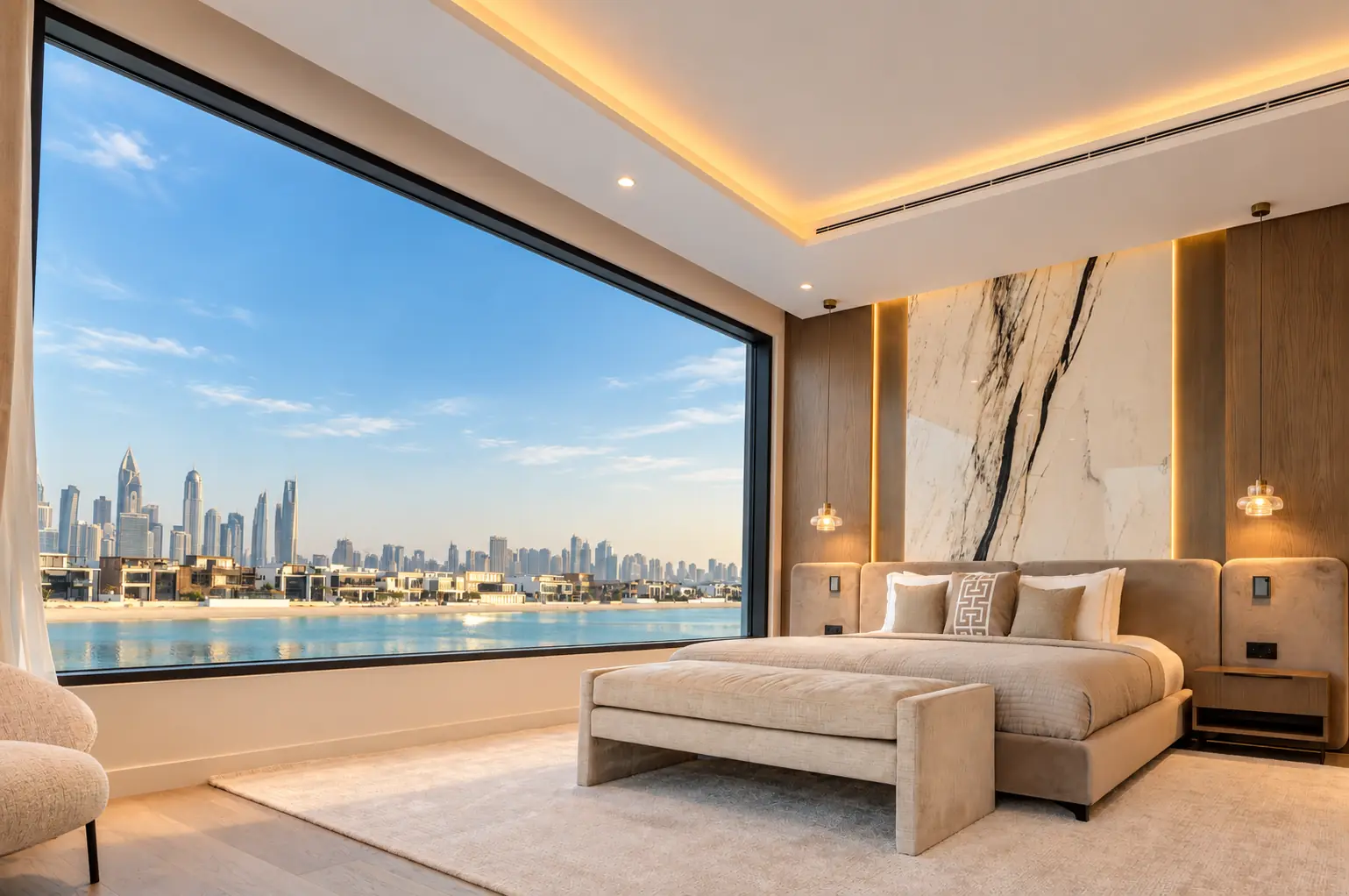 Master bedroom with a frameless picture window onto the Palm lagoon and Dubai Marina skyline