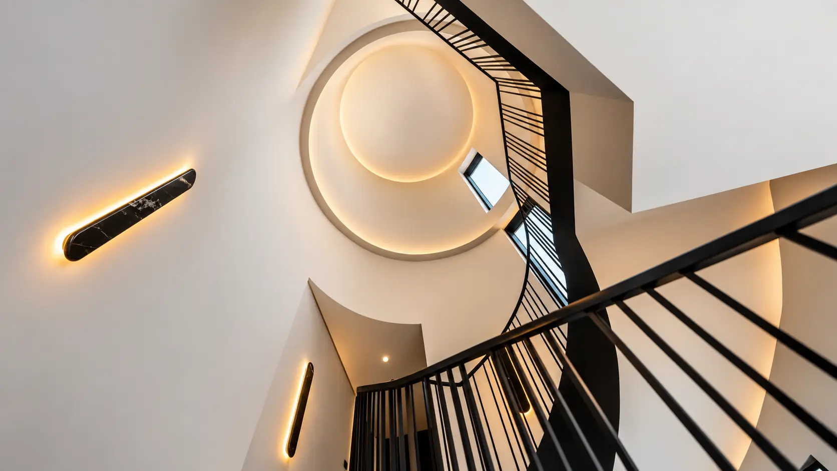 Looking up a spiral staircase with black steel balustrades to a round cove-lit lightwell and marble wall lights