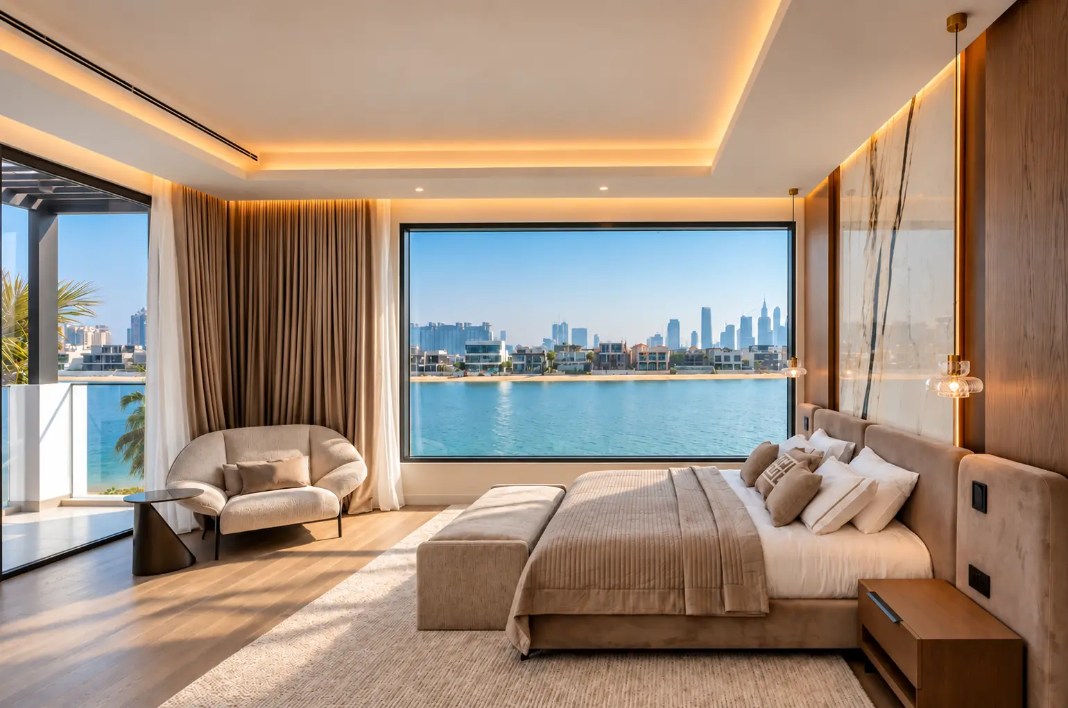 Bedroom suite with a corner balcony, picture window onto the lagoon, a lounge chair and a marble and walnut headboard wall