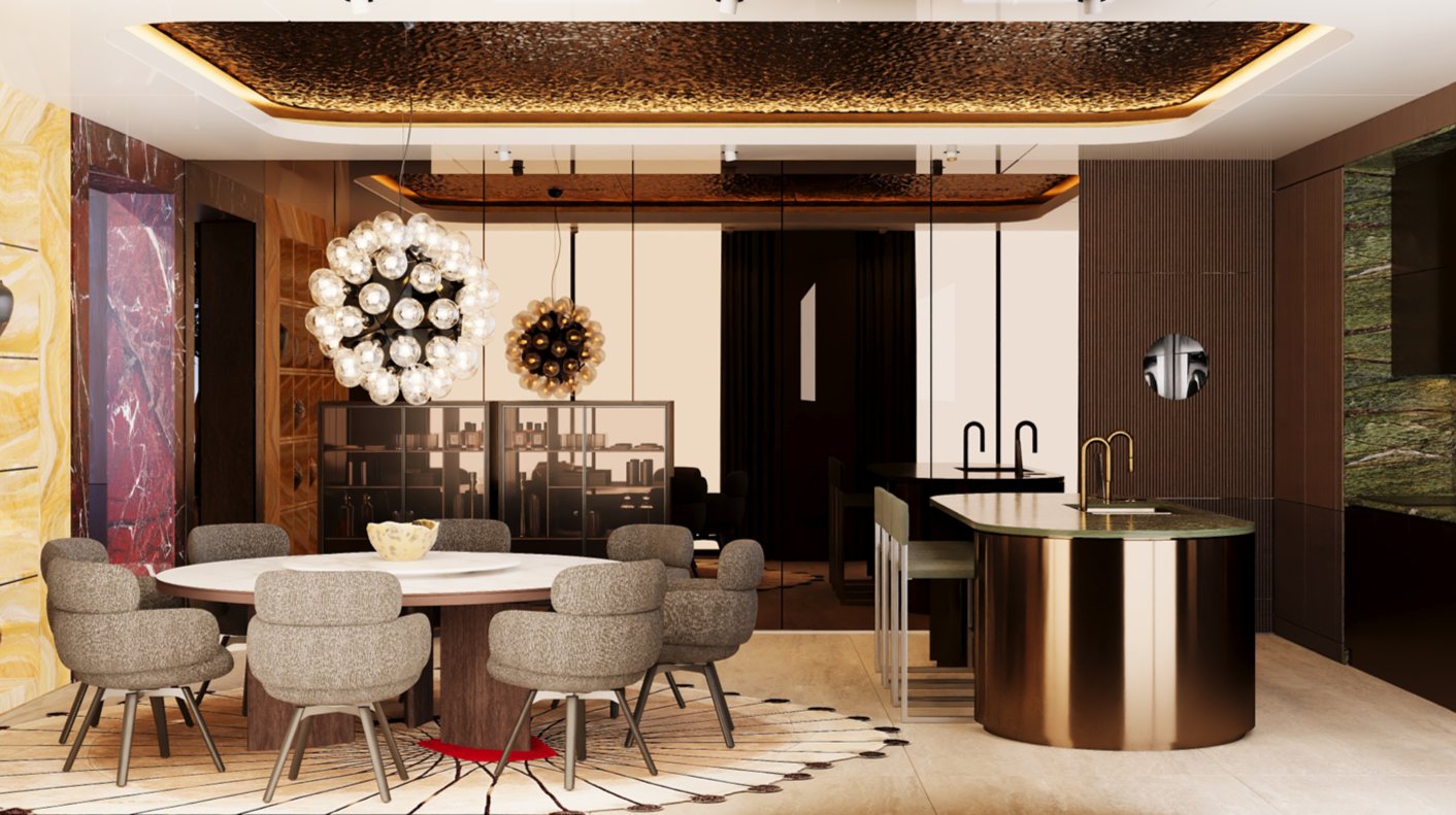 Bronze bar island beside the dining table, with onyx and red marble walls