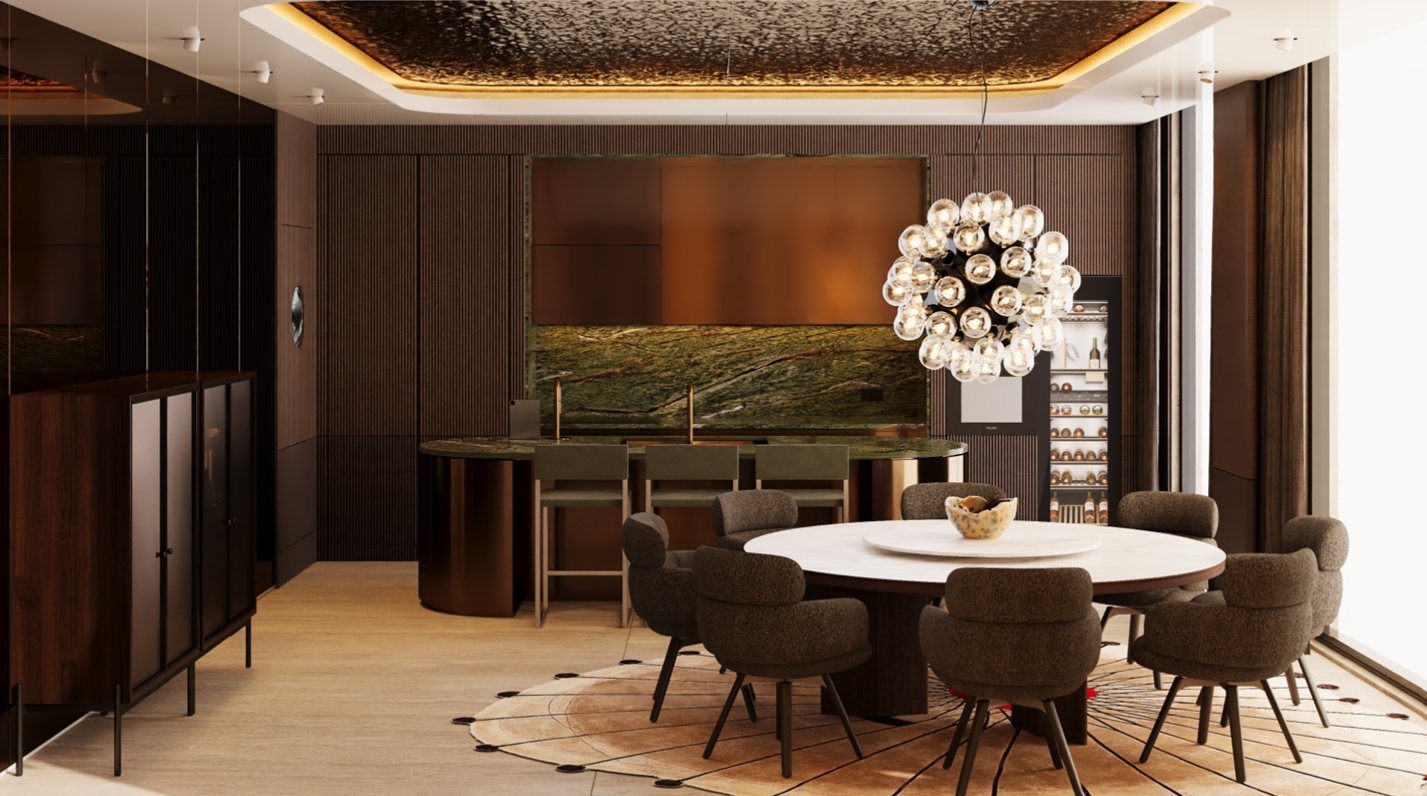 Round dining table under a glass-globe chandelier and hammered-metal ceiling