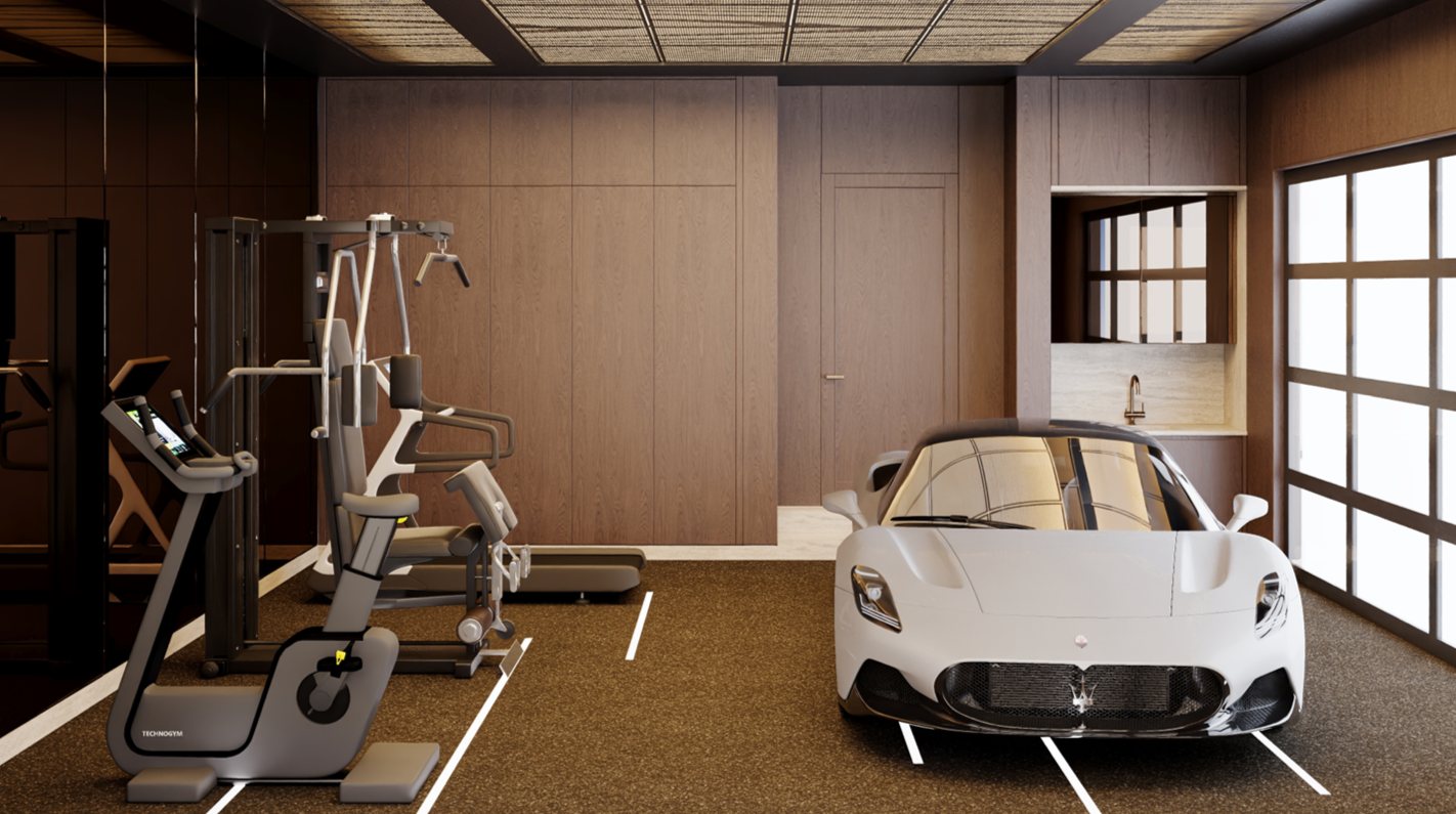 Home gym beside a showcase garage in oak panelling