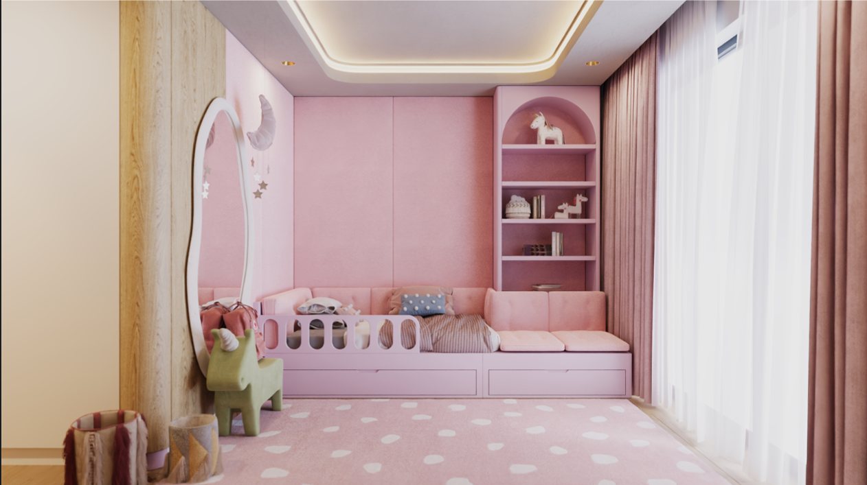 Pink children’s room with built-in daybed and arched shelving