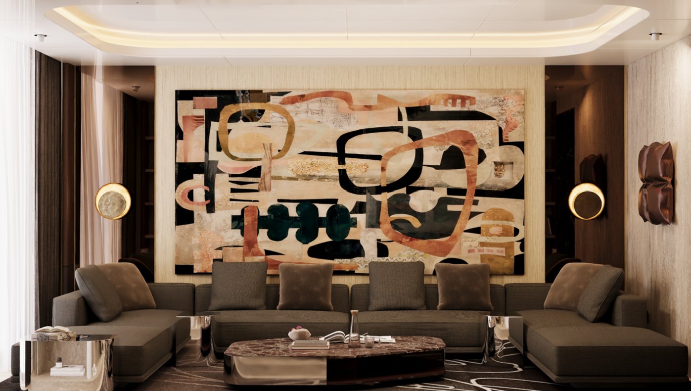 Family living room with a large abstract artwork above a modular sofa
