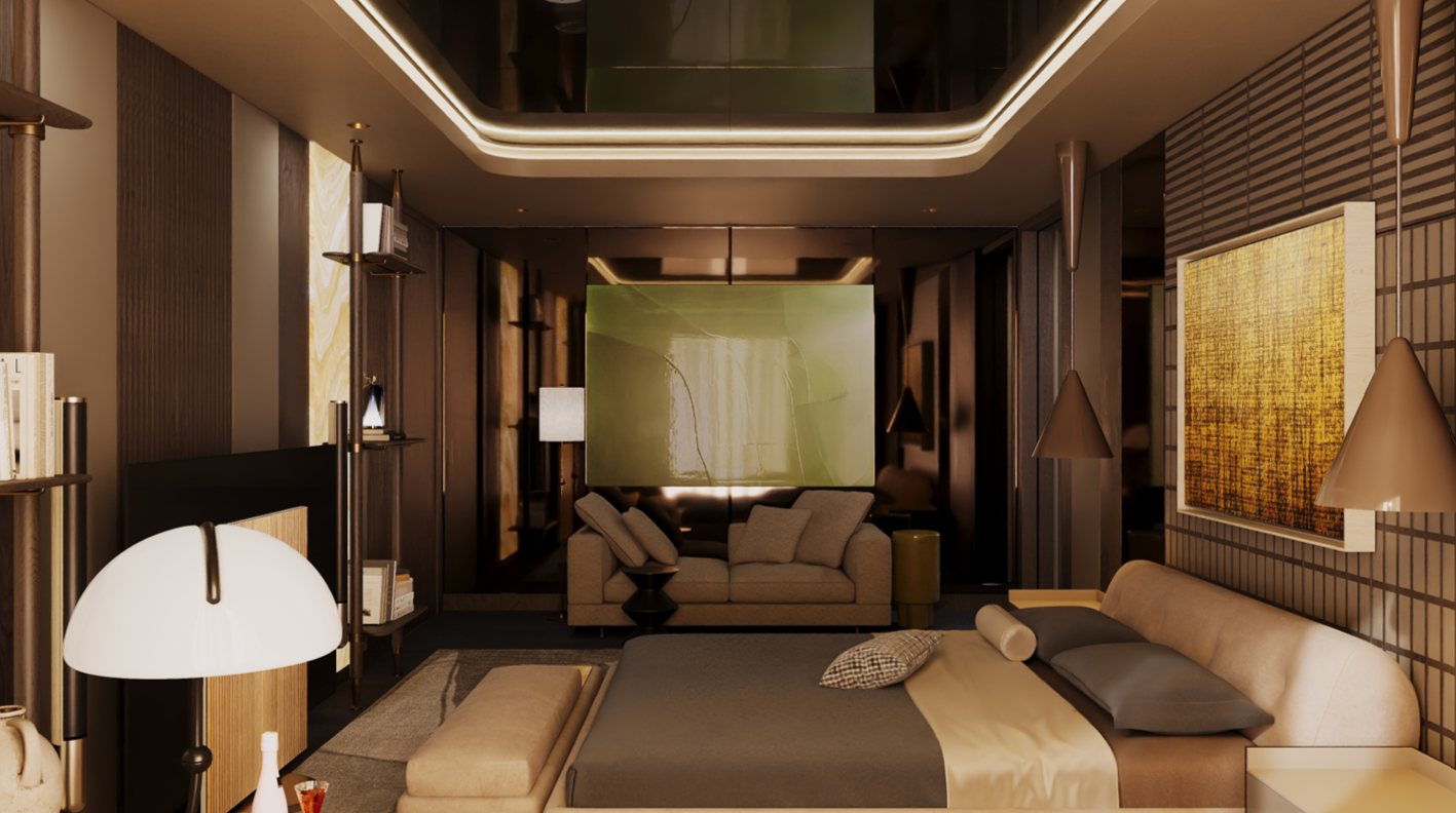 Principal suite sitting area under a mirrored ceiling