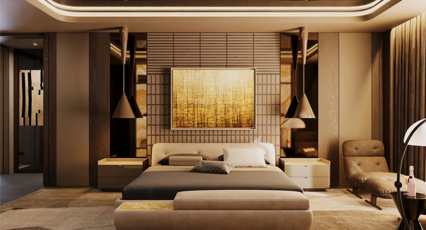 Principal bedroom with gilded artwork, cone pendants and mirrored ceiling