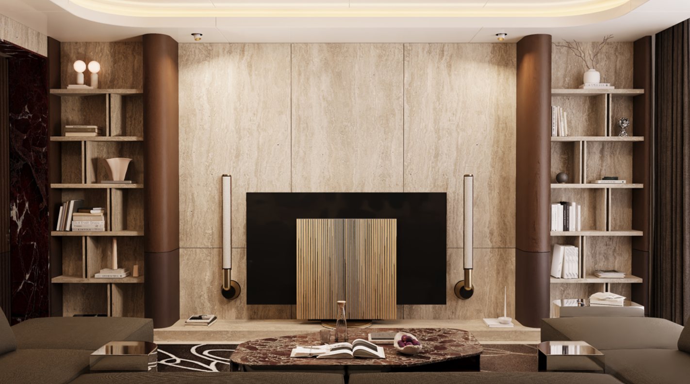 Travertine media wall with fluted brass speaker and walnut columns