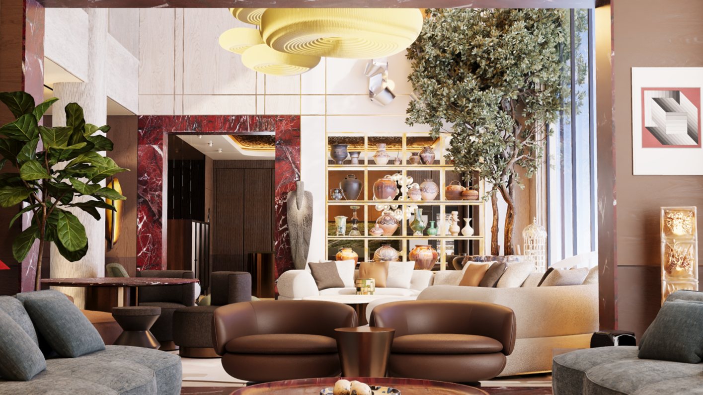Double-height reception lounge with red marble portal and indoor tree