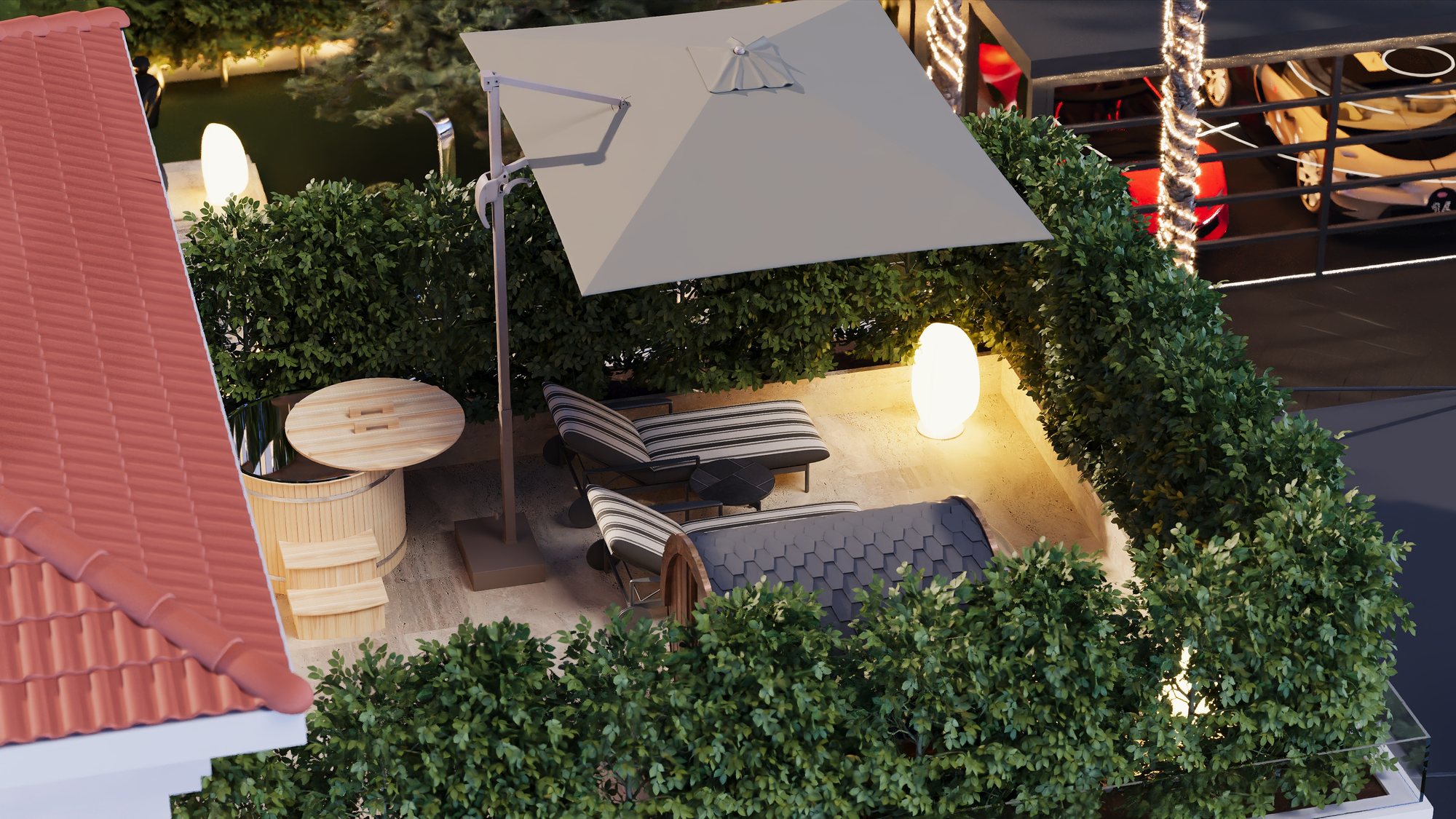 Rooftop terrace with barrel sauna, cold plunge and loungers