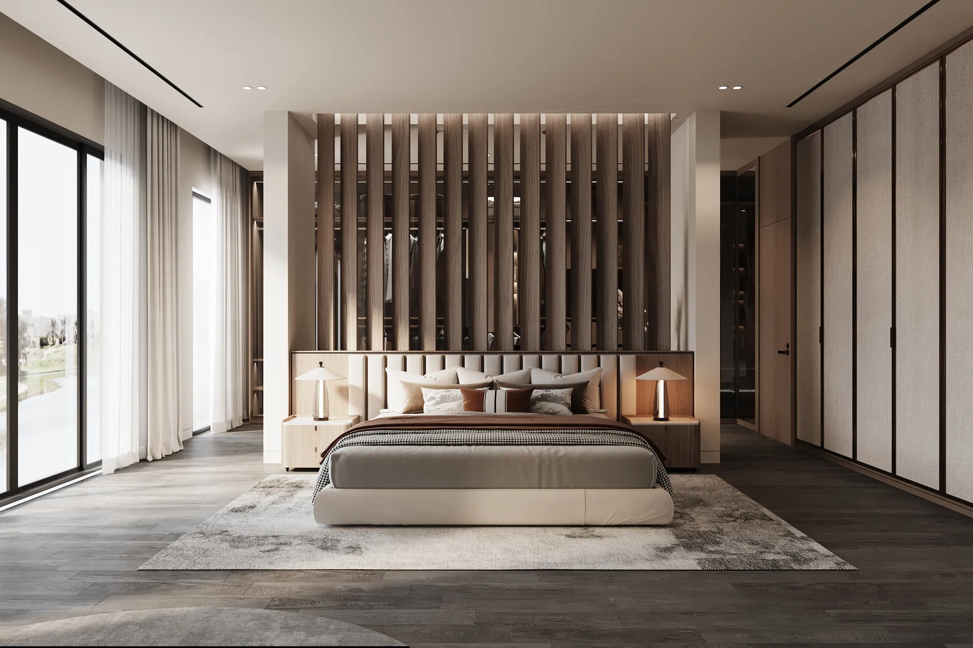 Master bedroom with a slatted walnut screen behind the bed, channelled headboard and floor-to-ceiling windows
