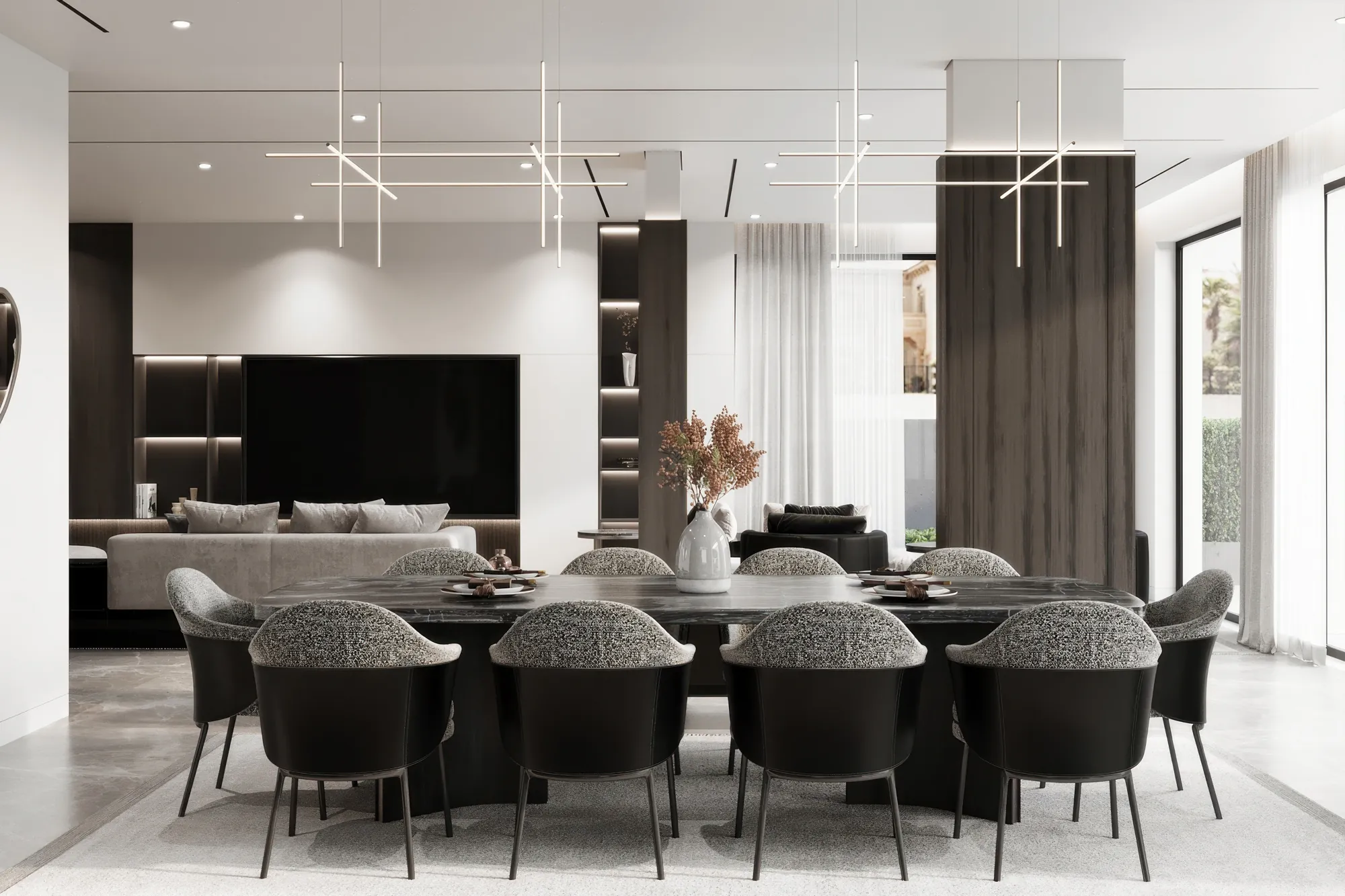 Dining room with a dark marble table for ten, textured chairs, linear pendant lights and a tall timber-clad column