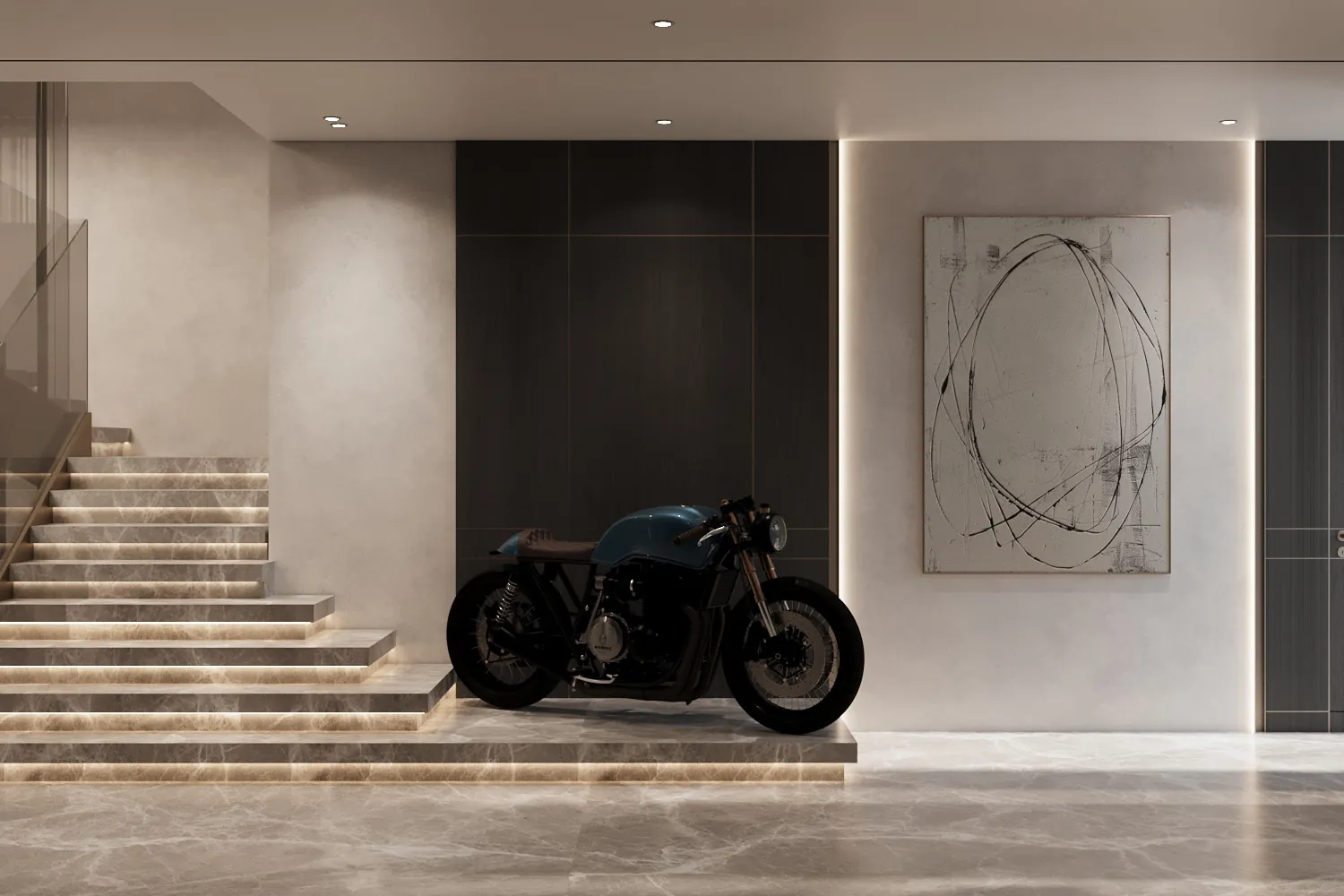 Entrance hall with a floating grey marble staircase lit from below, glass balustrade and dark timber panelling
