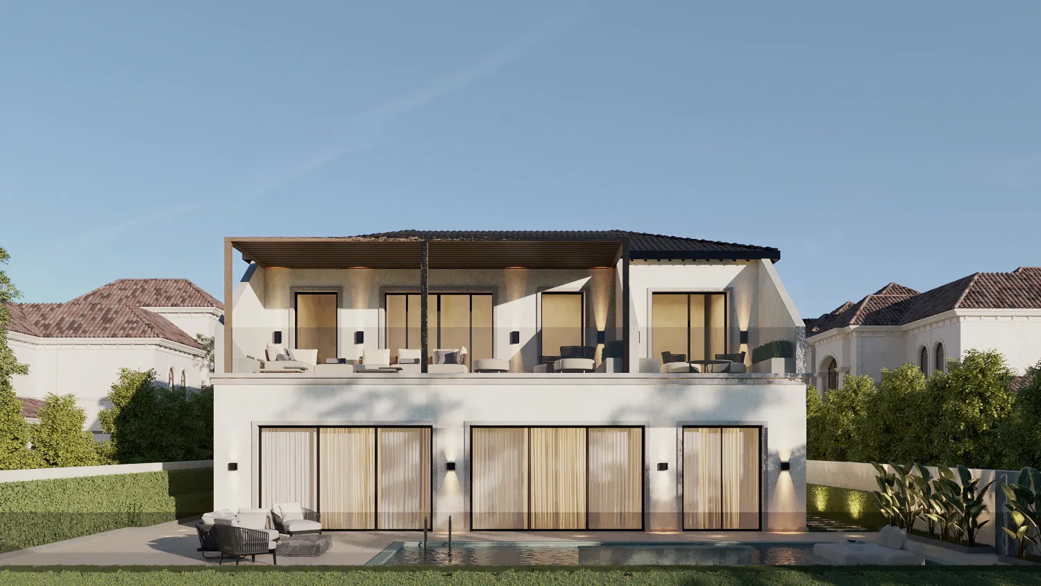 Rear façade of the villa with full-height sliding doors onto a pool terrace and a covered first-floor terrace under a slatted pergola