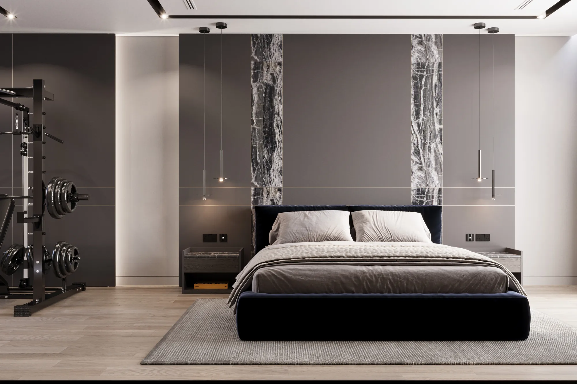 Guest bedroom with marble inlay panels, pendant lights and a home gym corner