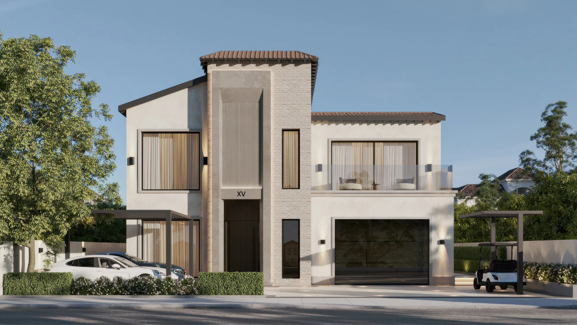 Street façade of Villa Quindici in Sienna Lakes, with a stone-clad entrance tower, timber-slatted door, tiled roofs and aluminium pergolas, by K4