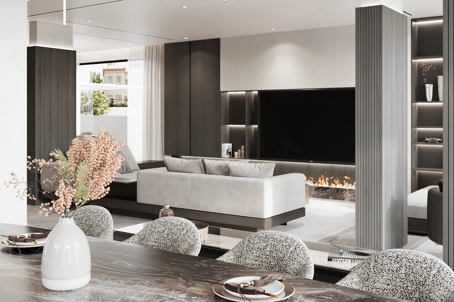 Living room with a linen and dark timber media wall, lit shelving, linear fireplace and slatted timber columns