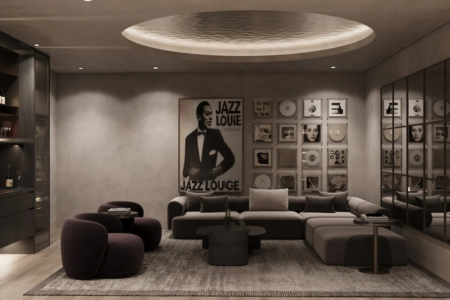 Music lounge with a lit domed ceiling, velvet sofa and armchairs and a wall of framed records