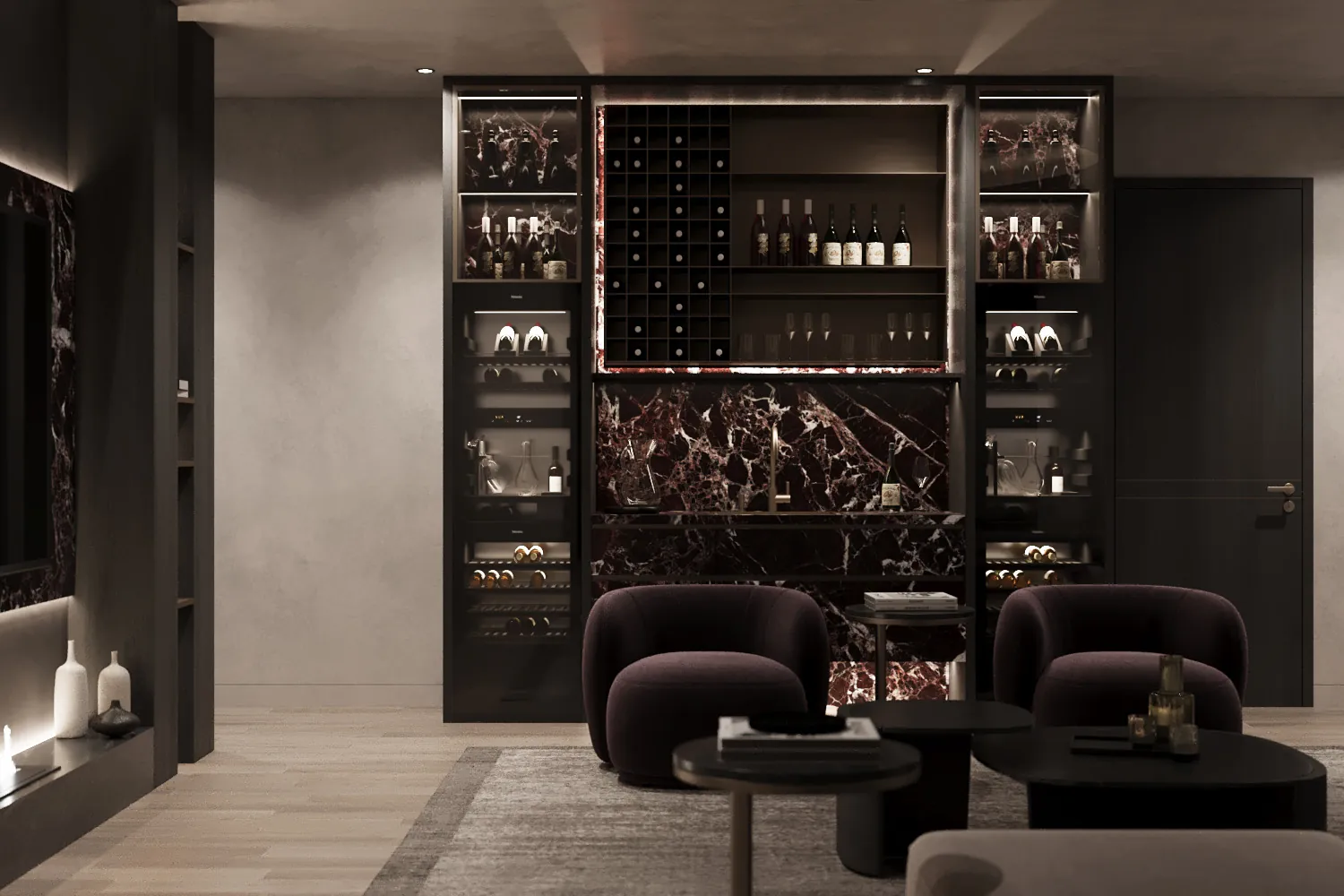 Wine bar in deep red marble with backlit display shelving and built-in wine fridges
