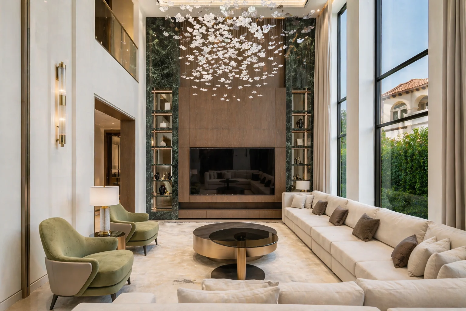 Double-height living room with marble fireplace and petal chandelier