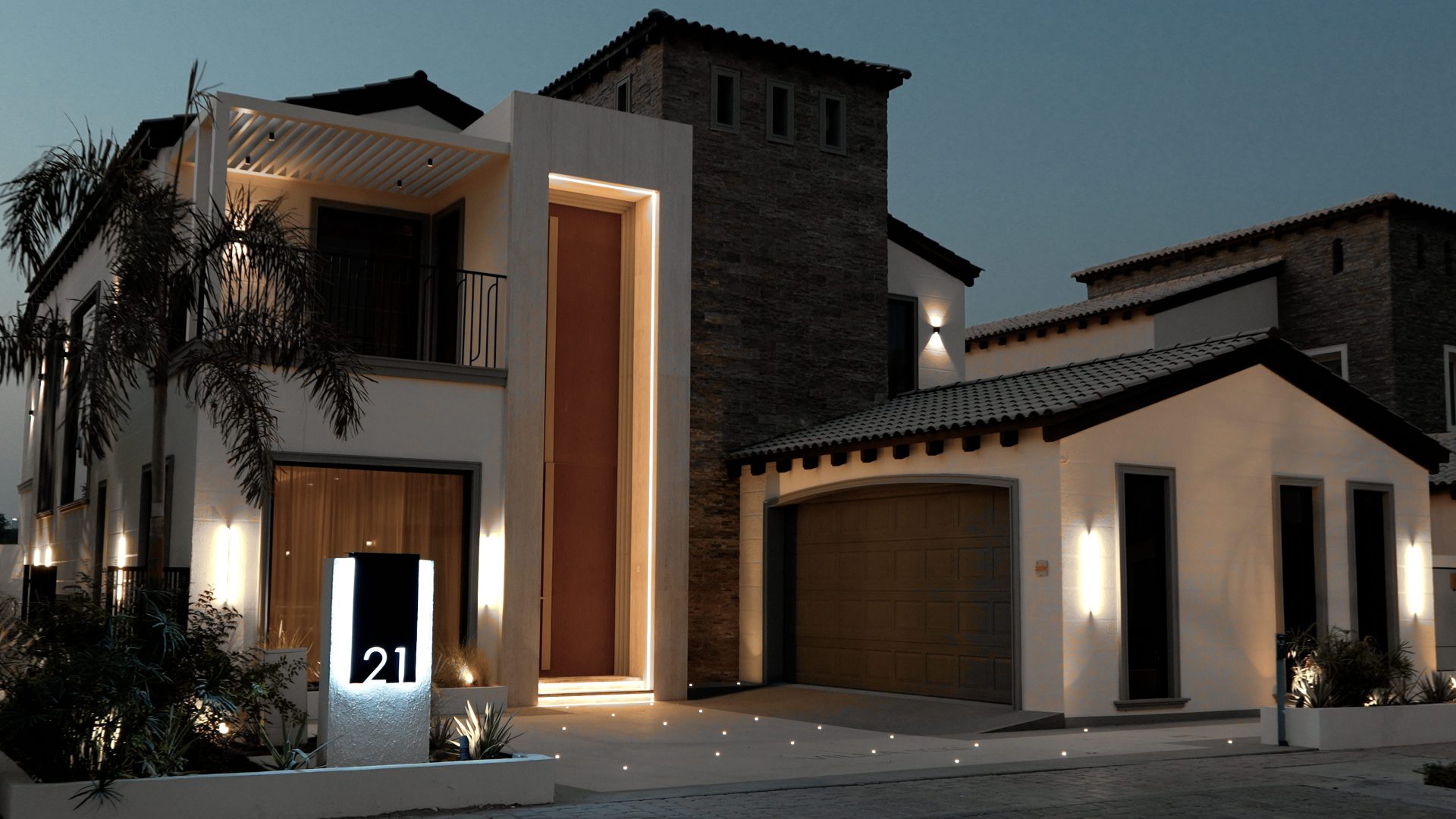 Villa 21 façade at dusk, Sienna Lakes