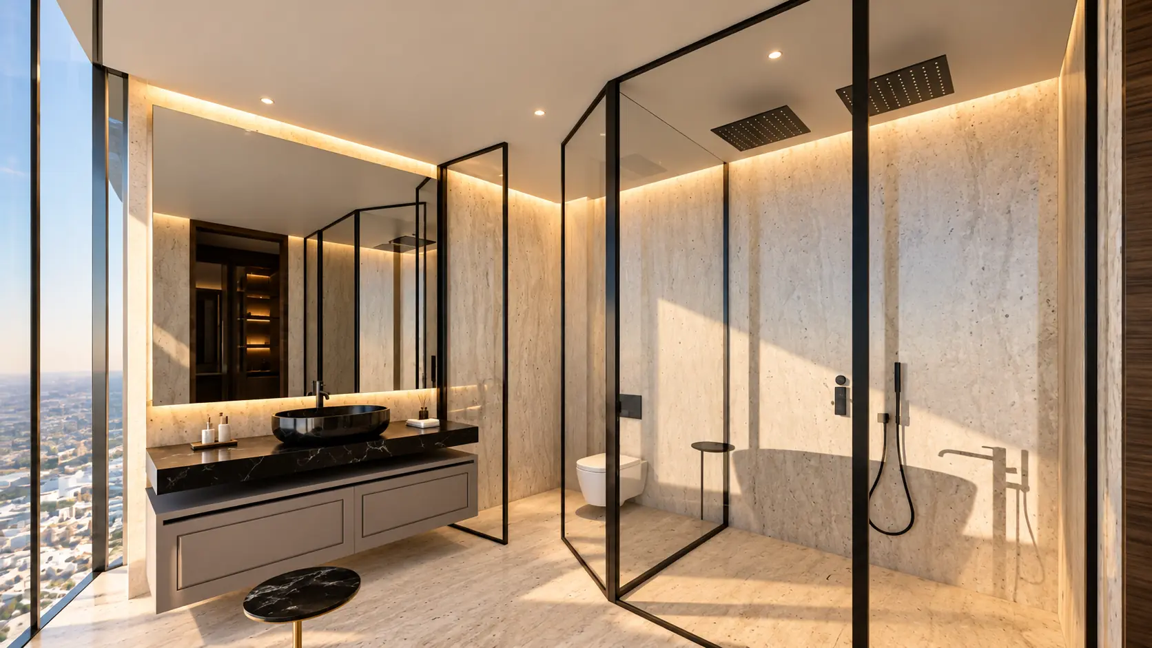 Bathroom with stone-clad walls, black marble vanity with vessel basin, black-framed glass enclosures and a full-height window