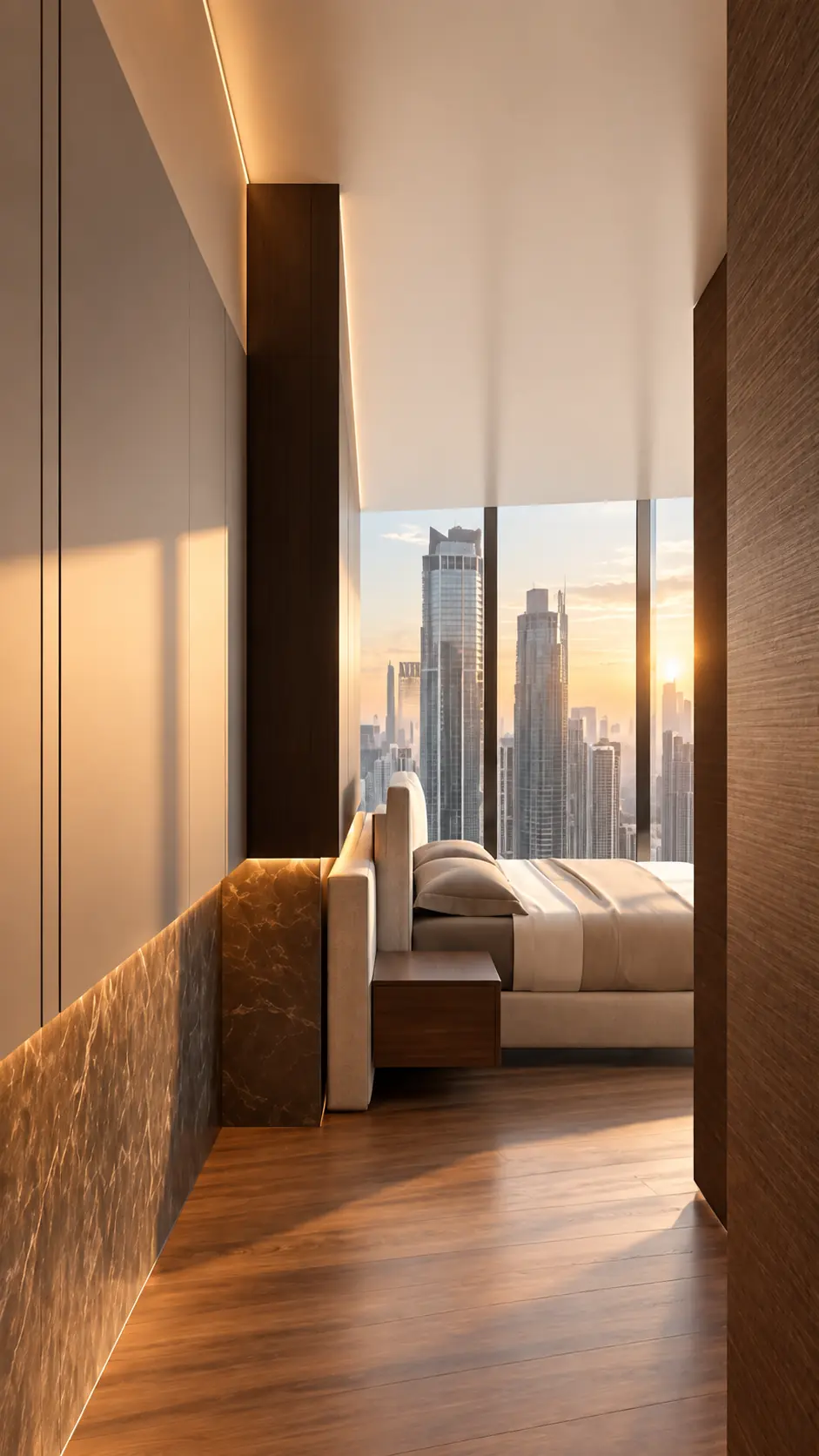 Bedroom with a black marble wall panel, walnut pier, floating bedside unit and a window onto Downtown towers at sunset