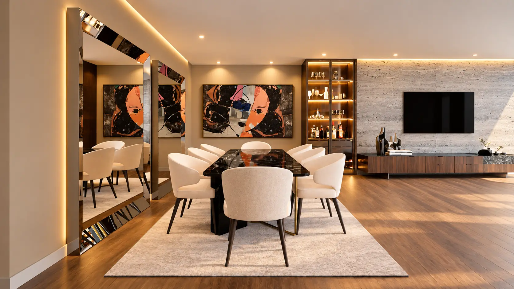 Fitted-out Dubai apartment dining room with a black marble table, bronze mirrors, a lit walnut bar cabinet and a travertine media wall