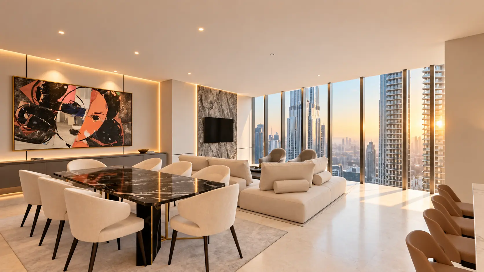 High-floor living and dining room with floor-to-ceiling glazing onto the Downtown Dubai skyline at sunset, Sky View Residence by K4